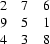 \begin{array}{ccc}
2&7&6\\
9&5&1\\
4&3&8
\end{array}