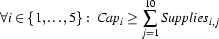 \forall i \in \{1, \ldots, 5\}:\ {\it Cap}_i \geq
\sum\limits_{j=1}^{10}{\it Supplies}_{i,j}